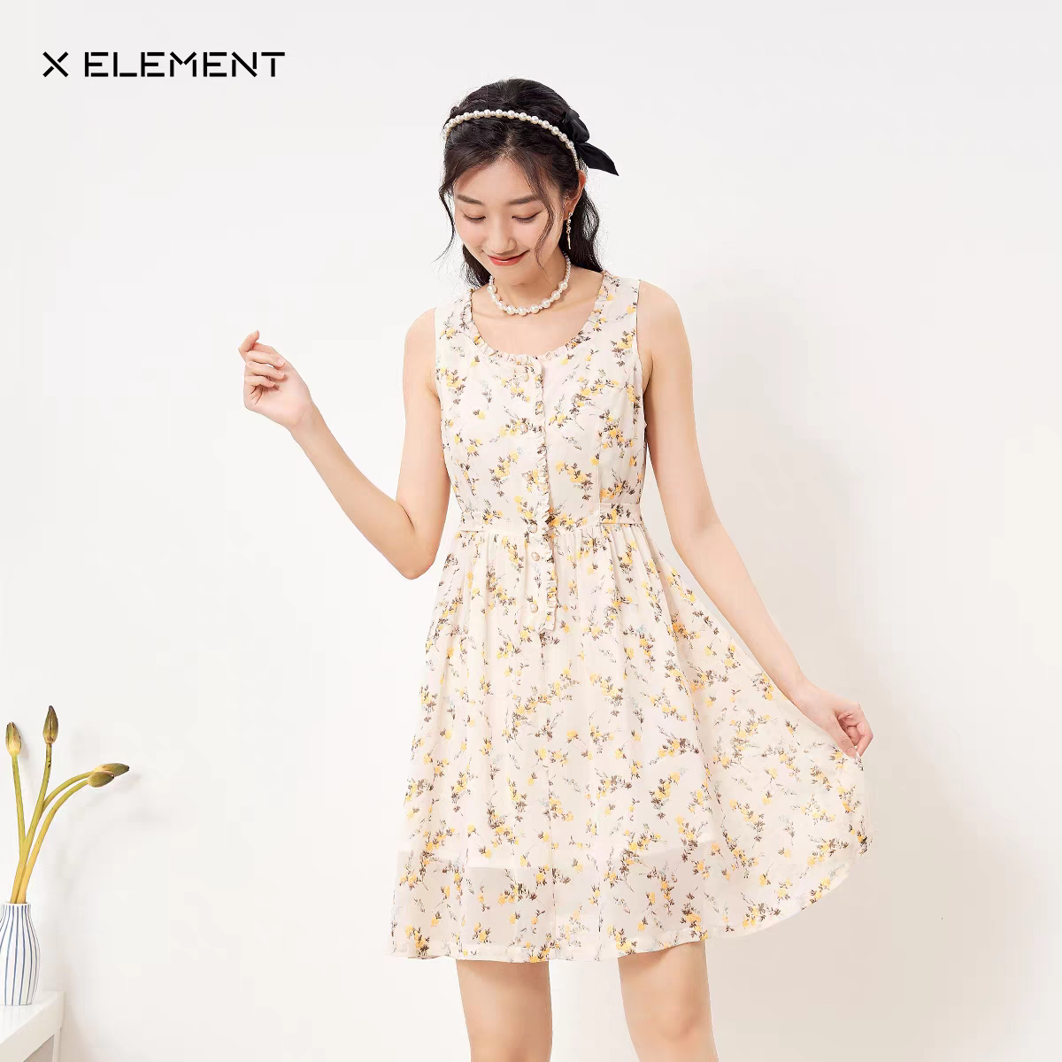 自然元素专柜正品新款裙子小清新碎花清凉收腰背带连衣裙女薄款