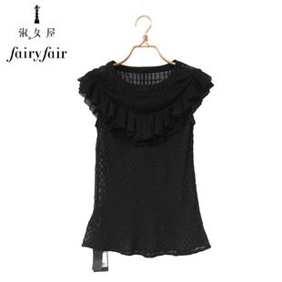 夏款 FAIRYFAIR 专柜正品 黑色多层荷叶边淑女短袖雪纺上衣衬衫女