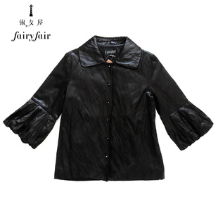 品牌特价FAIRYFAIR春秋季单排扣喇叭六分袖通勤POLO领直筒外套女