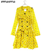 FAIRYFAIR正品 春夏秋黄底黑白花配腰带薄款 风衣防晒衣中长外套女