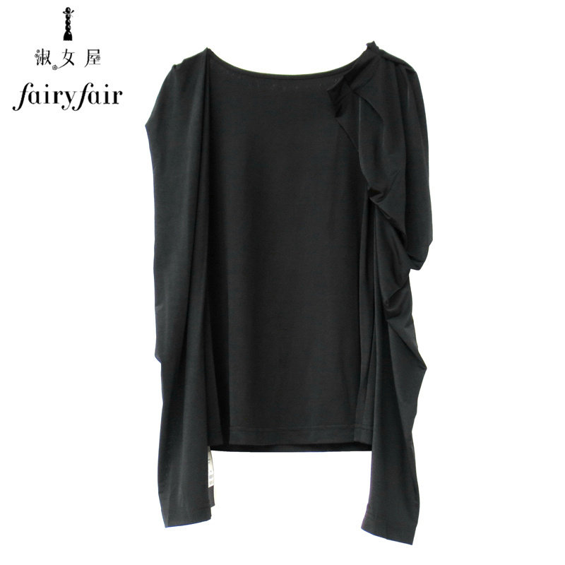 FAIRYFAIR正品新上春装黑色圆领夸张泡泡袖T恤衫长袖纯色女上衣