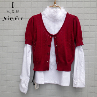 FAIRYFAIR 纯羊毛水钻扣装饰短袖挂扣开衫酒红色短款毛衣女