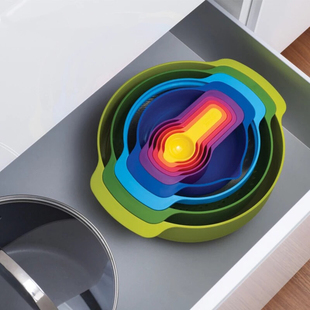 英国Joseph彩虹烘焙9件套 厨具搅拌分离套碗沥水篮洗菜盆量勺筛子