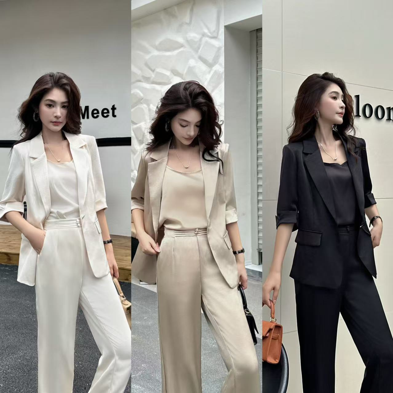 轻奢高级感冰丝西装套装女2025年夏垂感国风阔腿裤三件套气质显瘦