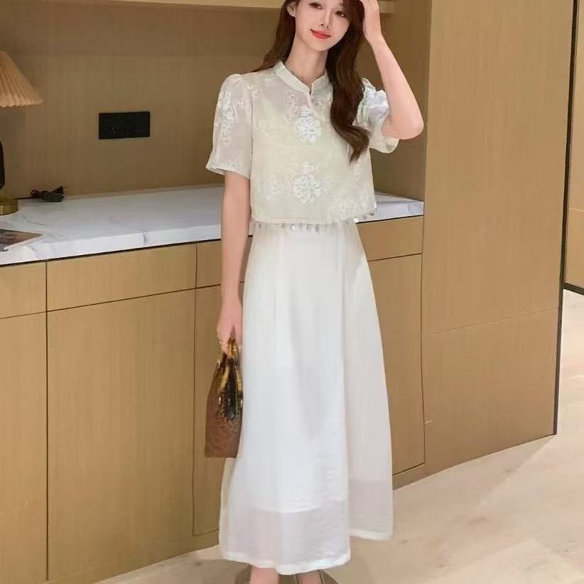 2025夏季新款新中式国风气质优雅显瘦百搭刺绣连衣裙两件套裙子女