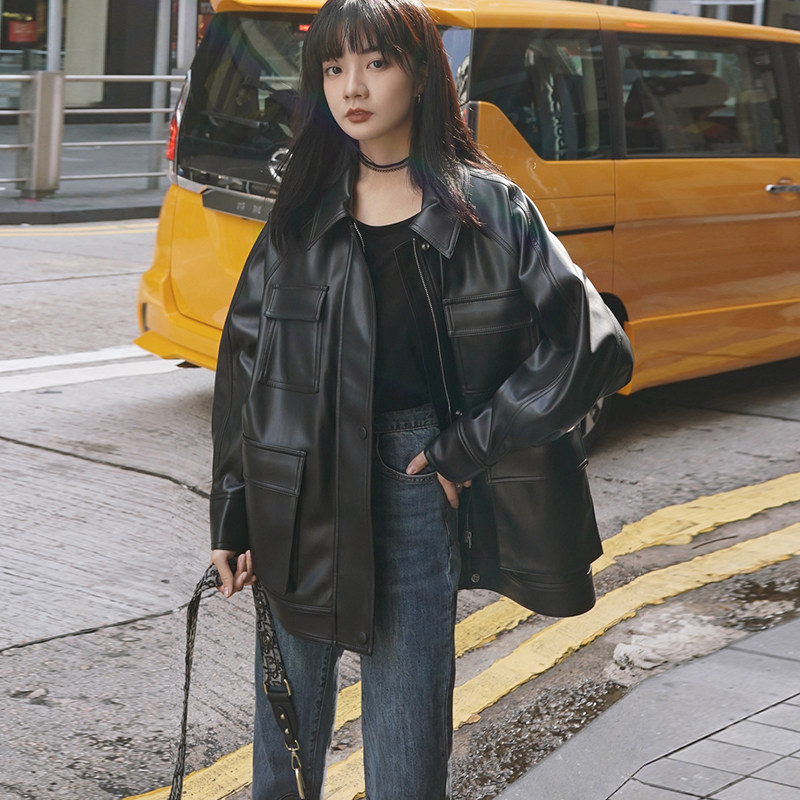 皮衣外套女春秋冬中长款韩版宽松休闲港风机车PU皮夹克加棉学生潮