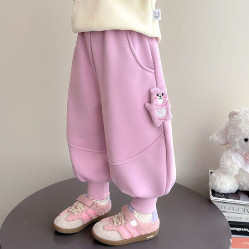 女童加绒裤子秋冬款儿童一体绒