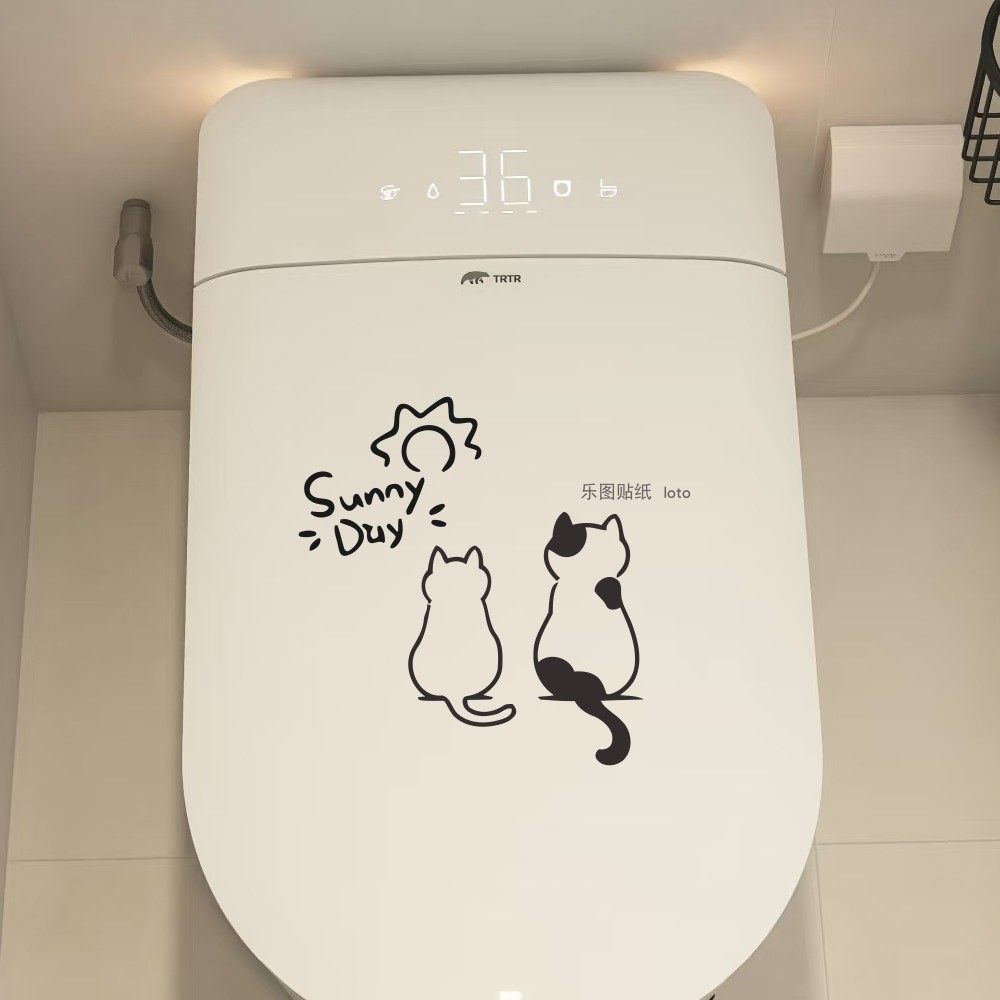 可爱的歪头线条两只小猫卡通马桶盖提示语贴纸 坐下 来啦防水贴纸