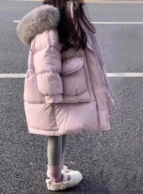 女童洋气大毛领棉袄加厚连帽棉服儿童中长款棉衣2026新款保暖外套
