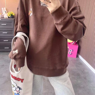 春款 yongwill小羊纸袋6361拼接毛圈刺绣圆领宽松长袖 卫衣打底衫