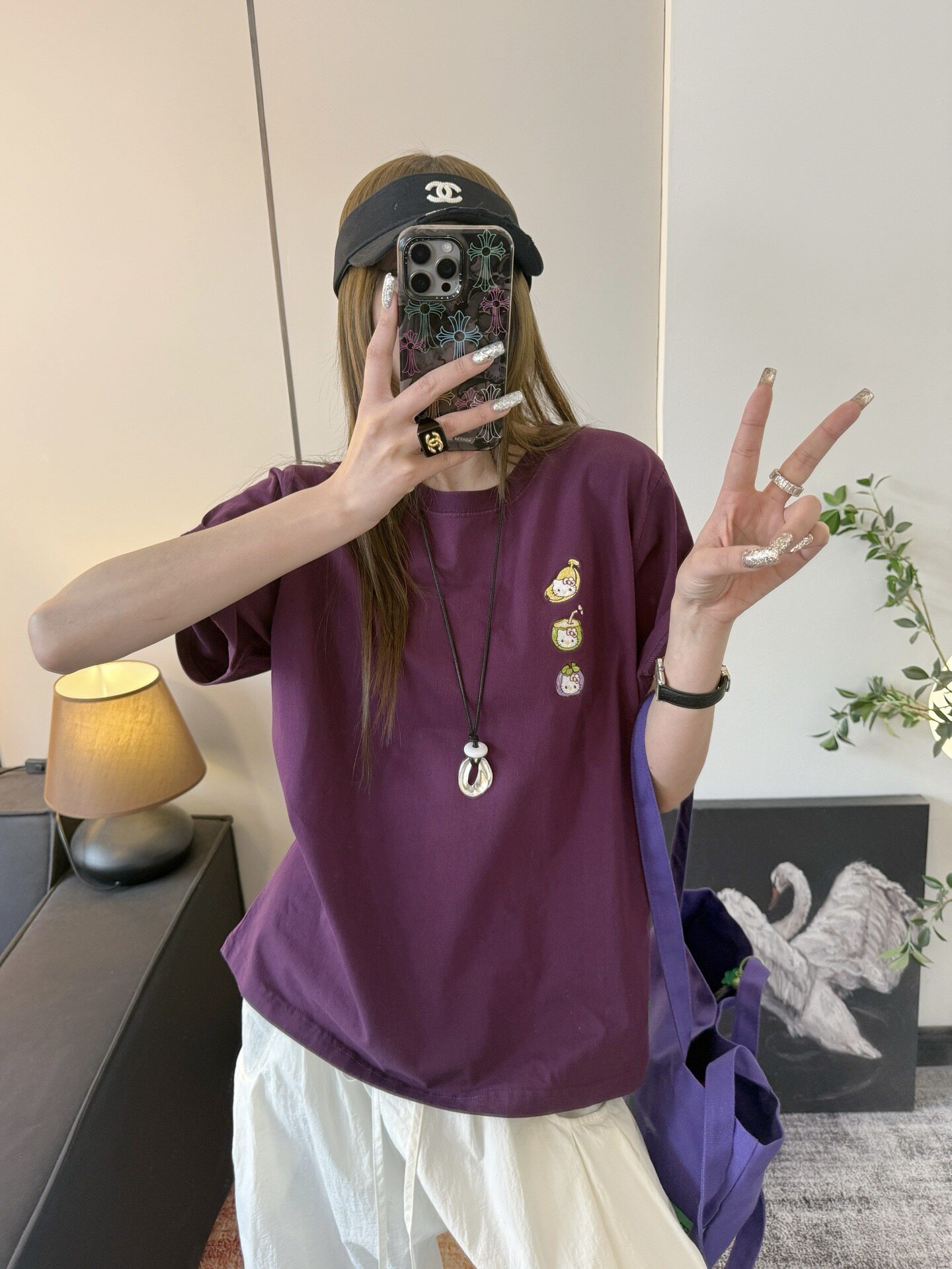 Yongwill小羊纸袋3913三只水果KT猫刺绣纯棉短袖T恤宽松显瘦时尚