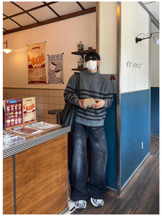 水洗套色复古黑牛仔阔腿裤/Temporary Exile临时流放宽松休闲裤