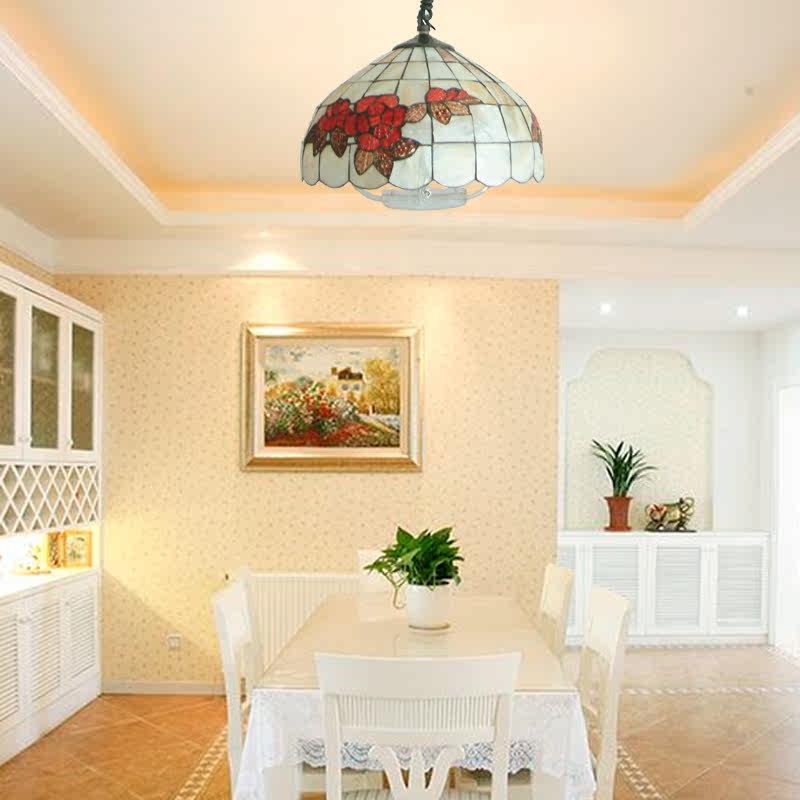 包邮欧式蒂凡尼14寸玫瑰花天然贝壳复古书房卧室农家乡村升降吊灯