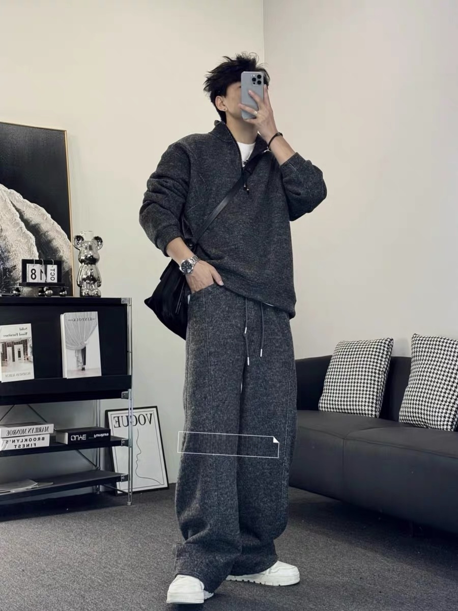 2025冬季新款宽松休闲百搭ins糯米绒加绒加厚长袖长裤卫衣套装男