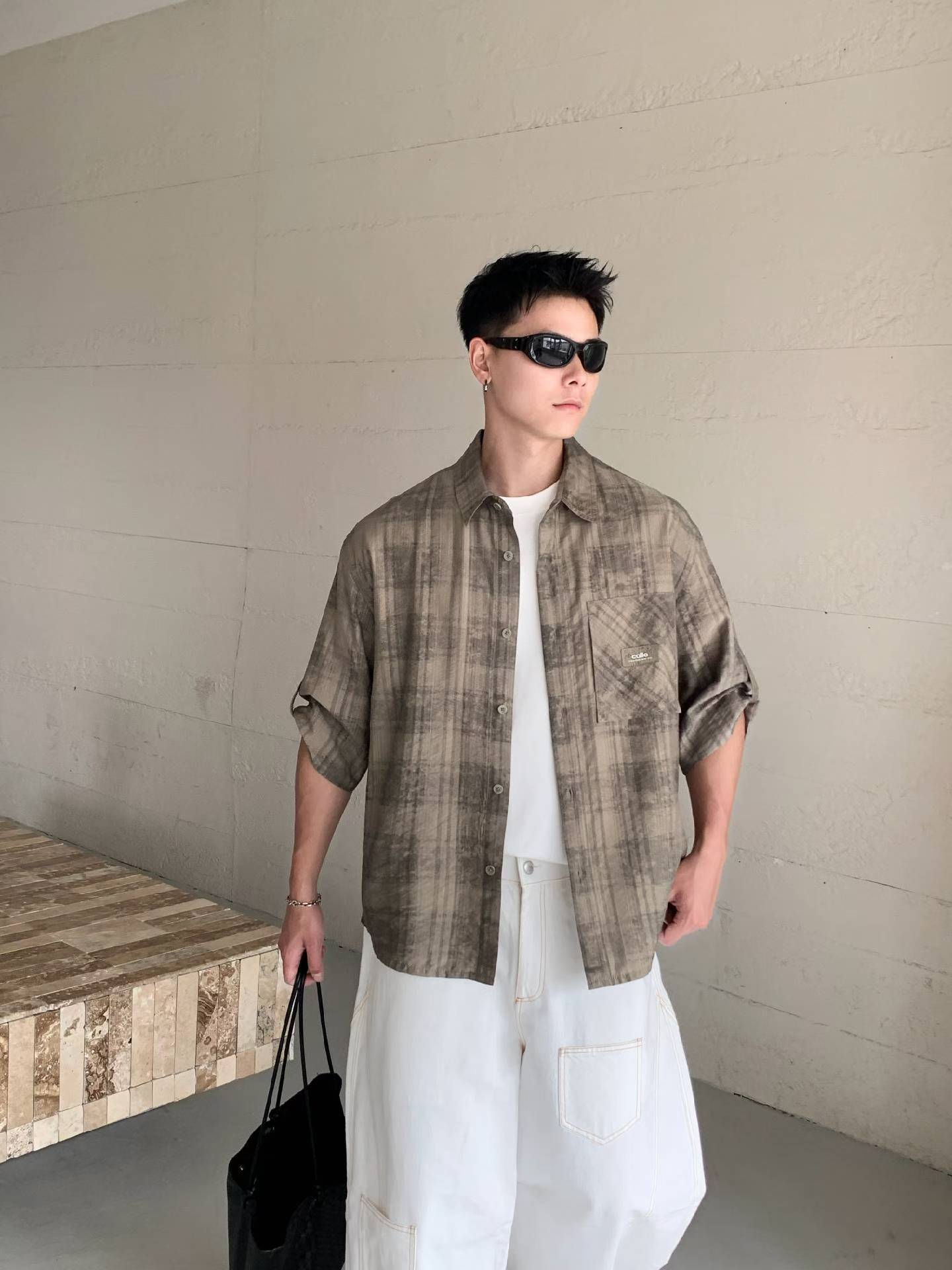 2026夏季新款男生美式潮牌复古格子贴袋翻领衬衫男士薄款衬衣