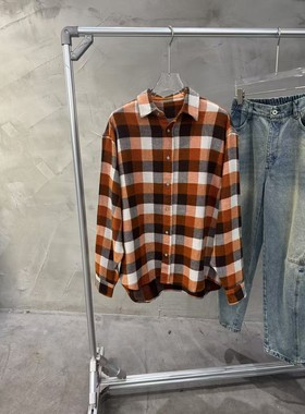 高阶设计25AW时尚复古橙色格纹衬衫宽松os男女休闲长袖衬衣外套潮