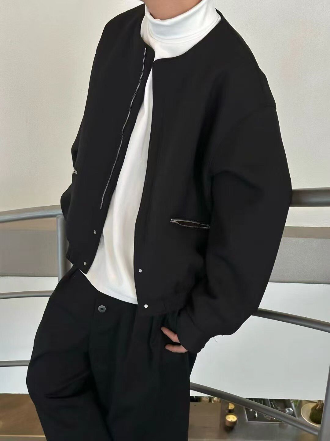 黑色简约高级感夹克男秋季韩版ins圆领宽松开衫外套休闲百搭上衣