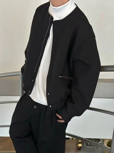 黑色简约高级感夹克男秋季韩版ins圆领宽松开衫外套休闲百搭上衣