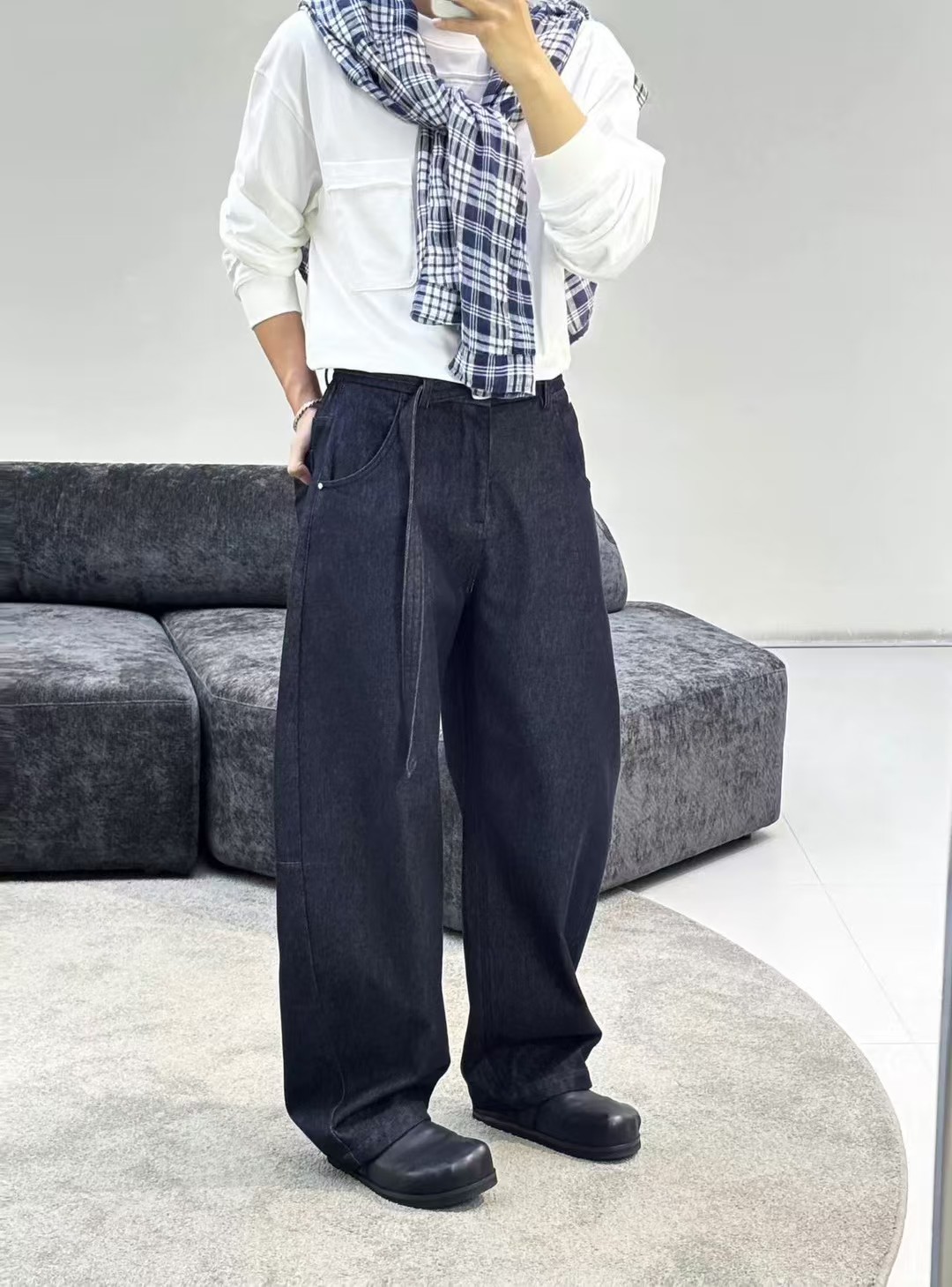 2025冬季美式复古水洗磨毛加绒阔腿牛仔裤男潮流宽松保暖直筒长裤