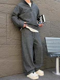 加绒秋冬糯米绒保暖套装男2025年老钱风宽松立领卫衣休闲套装纯色