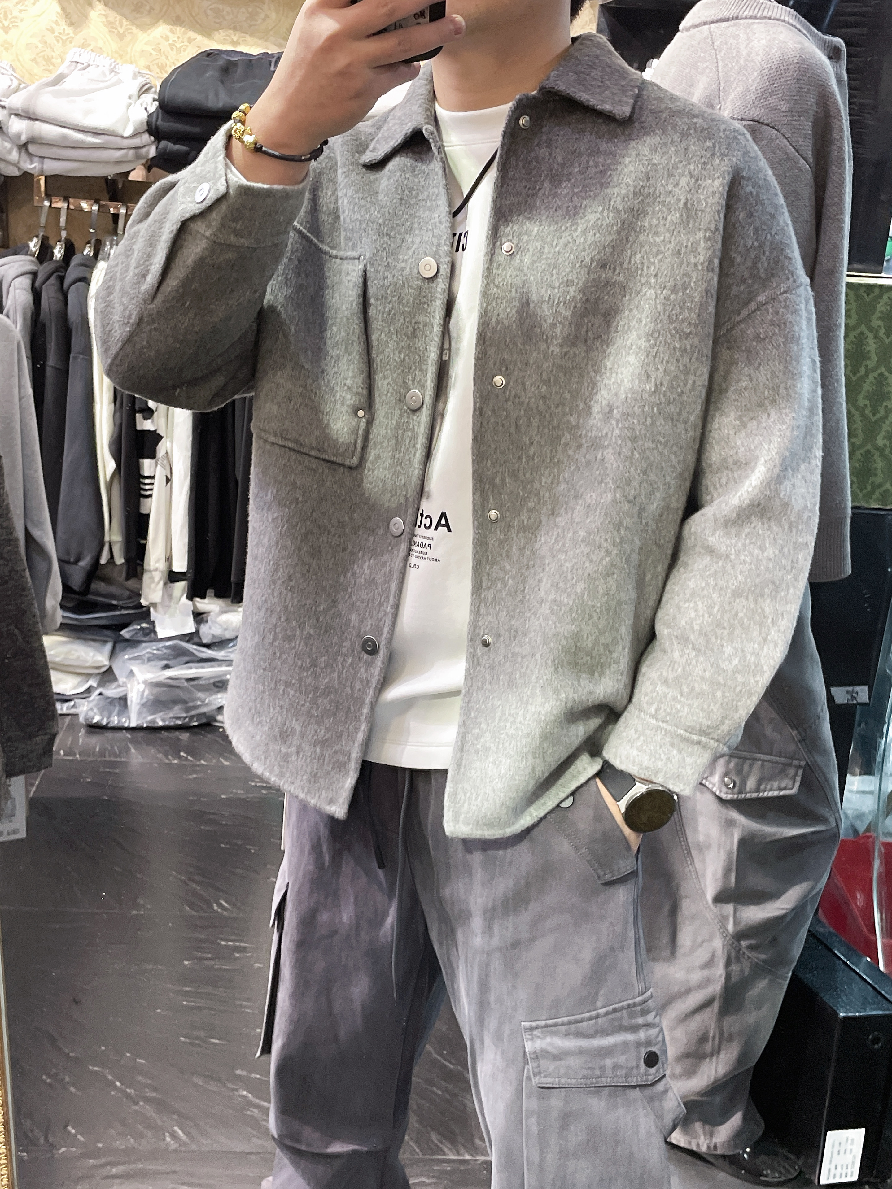 2025冬季渐变灰毛呢大衣男衬衫款夹克休闲高级感双面羊毛呢子外套