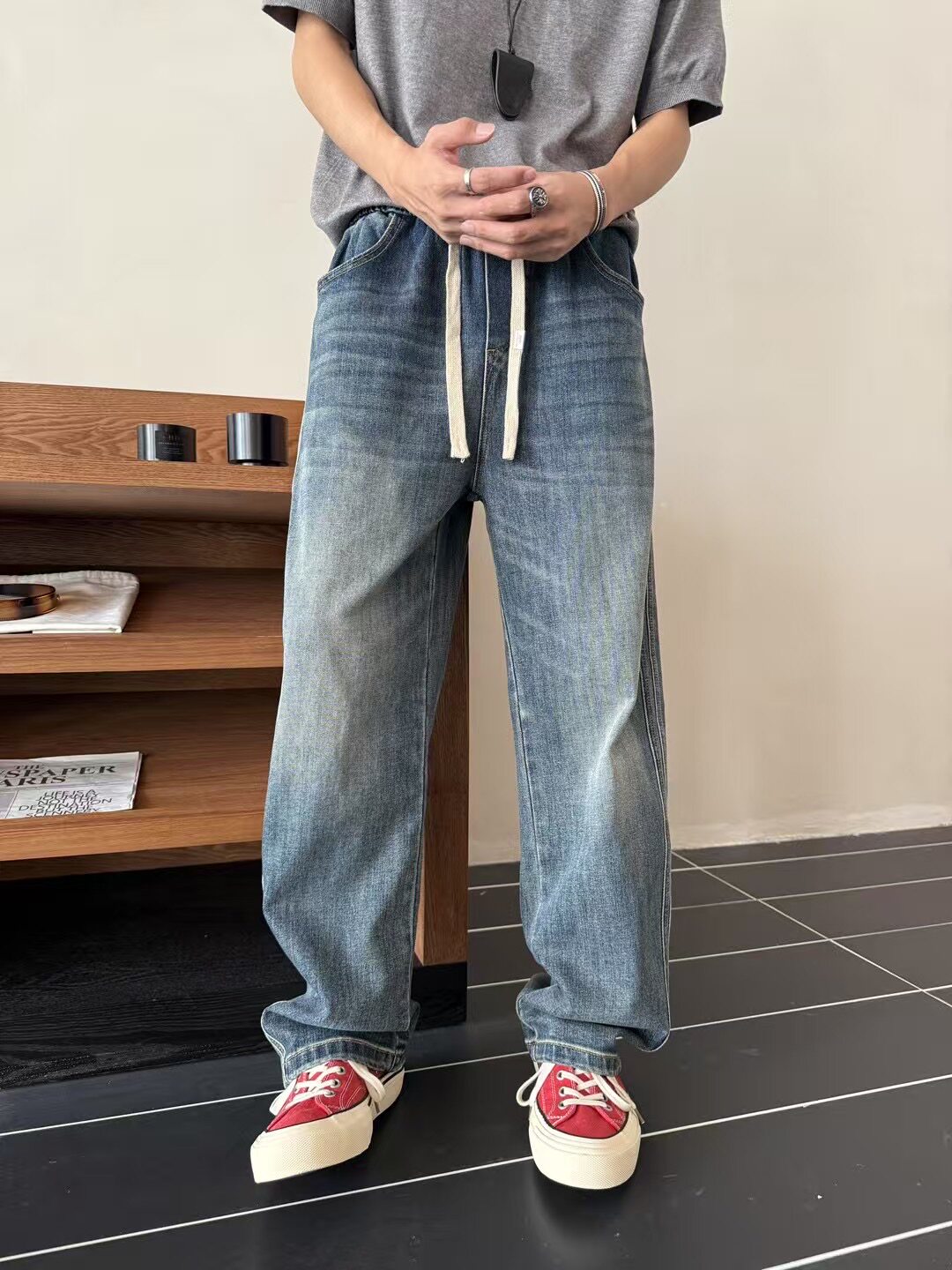 松紧腰牛仔裤男款春秋直筒宽松潮牌阔腿美式高街百搭休闲长裤子男