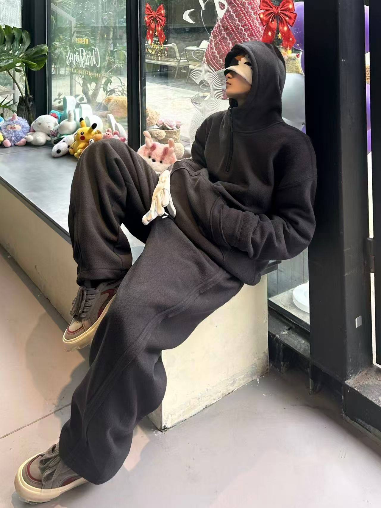 2025冬季新款宽松休闲百搭ins糯米绒加绒半拉链连帽卫衣套装男潮