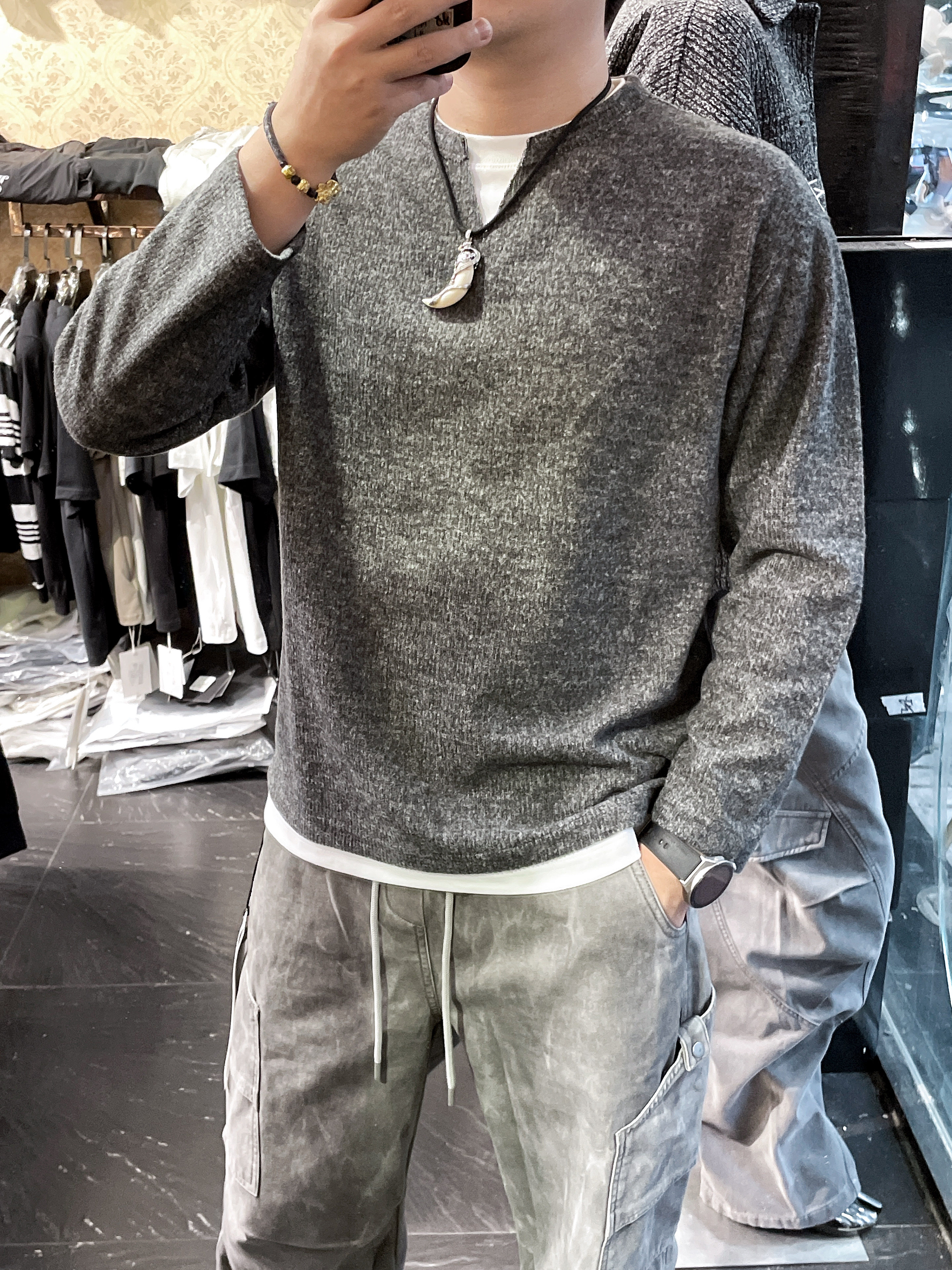 假两件v领撞色卫衣男生秋冬潮牌高级感针织毛衣长袖t恤亨利衫男装