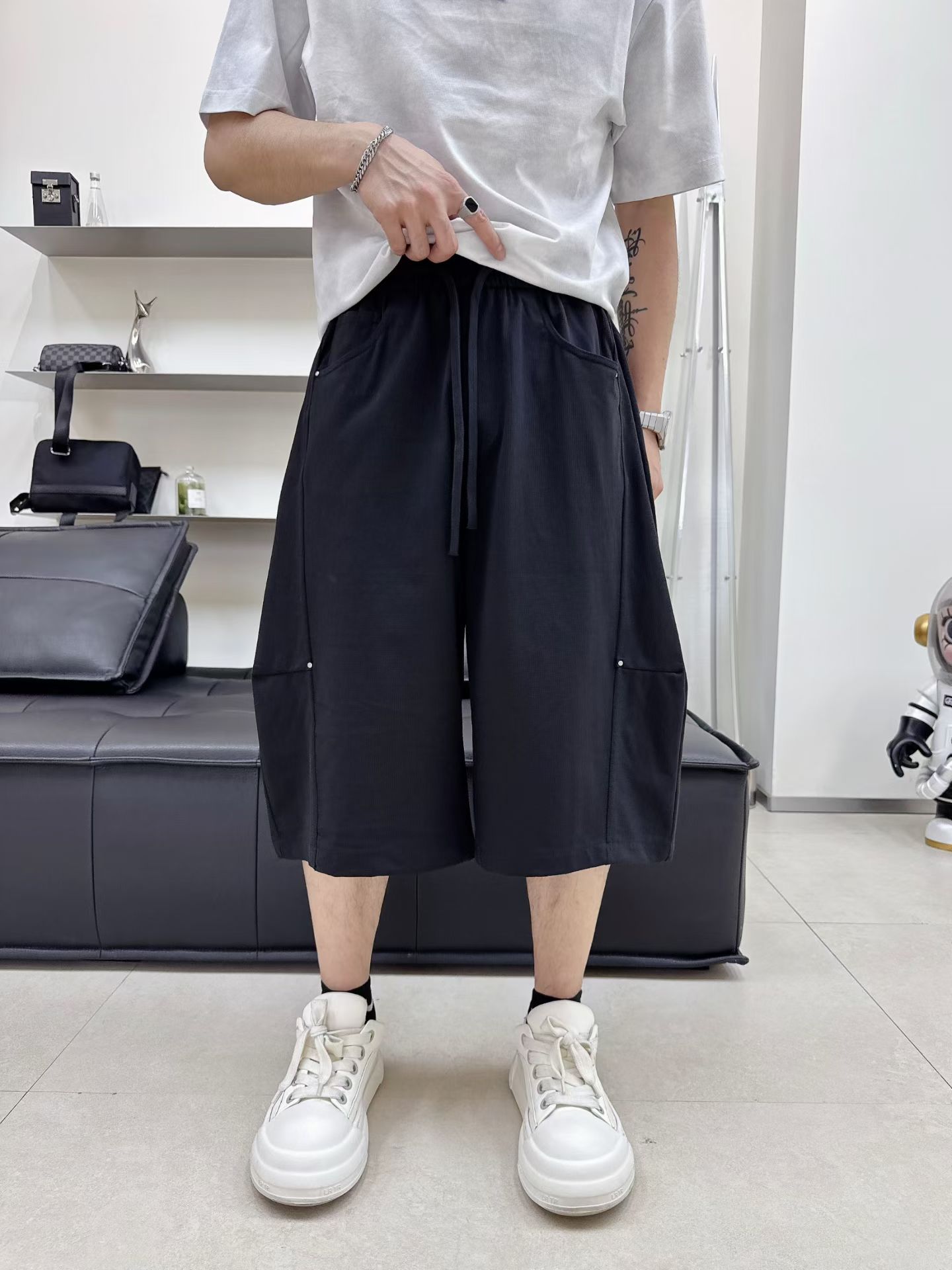 夏季铆钉装饰短裤男潮牌宽松重磅直筒七分裤设计感休闲运动中裤子
