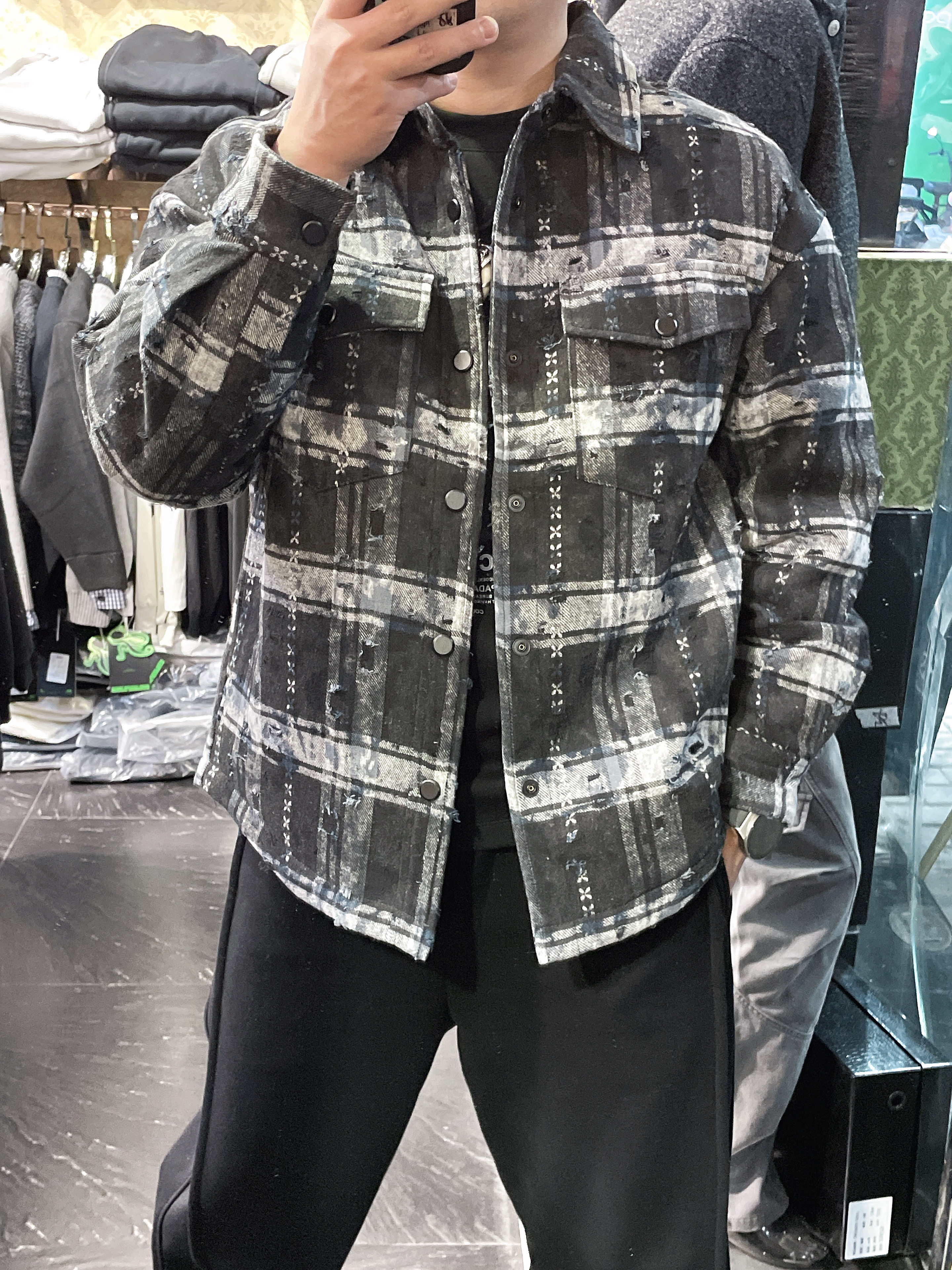 冬季加厚美式复古新款格子衬衫羽绒服男潮流时尚翻领保暖白鸭绒潮
