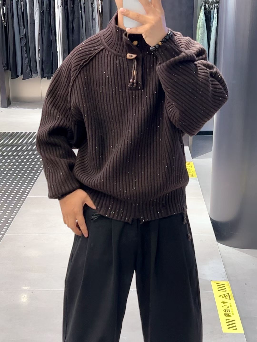 2025秋冬新款美式男针织立领满天星毛衣做旧破洞时尚潮流帅羊毛衫