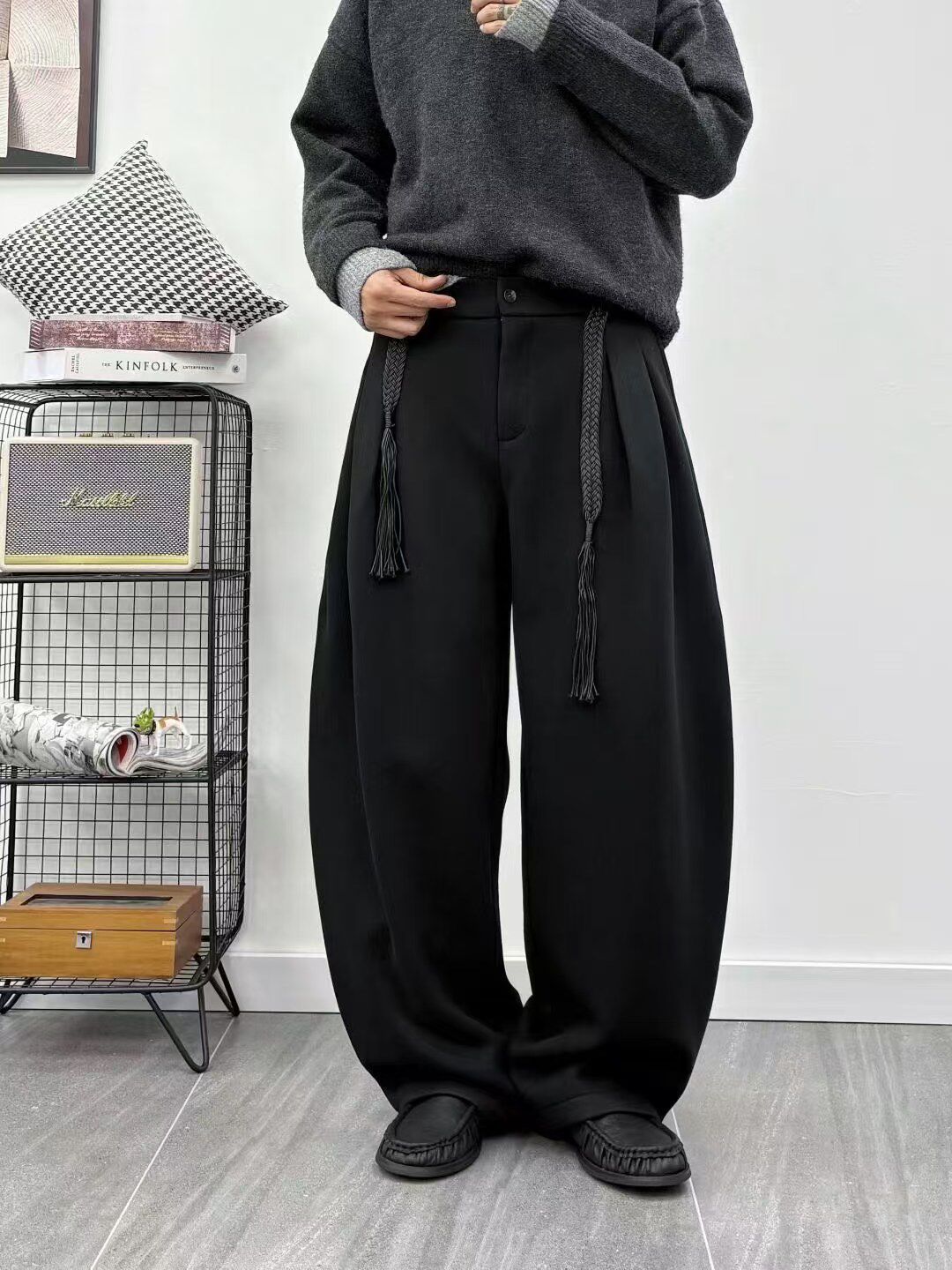 美式复古重磅桑蚕丝西裤羊毛男冬季青年宽松直筒阔腿裤慵懒感长裤