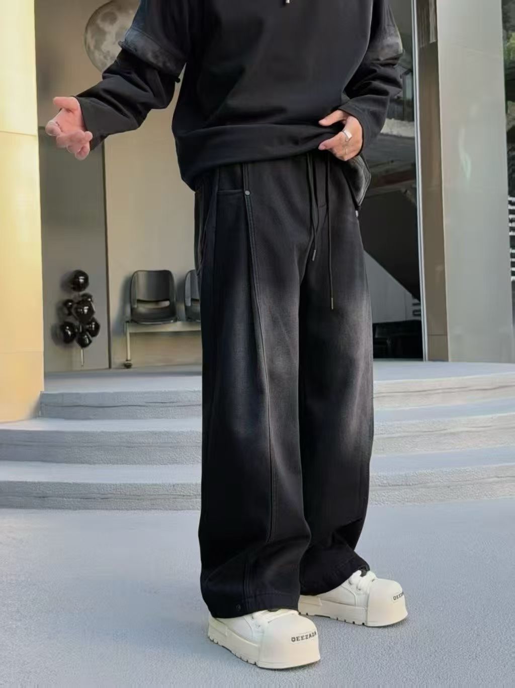 冬季男士时尚松紧带垂直感弯刀复古牛仔裤潮牌加绒加厚宽松休闲裤