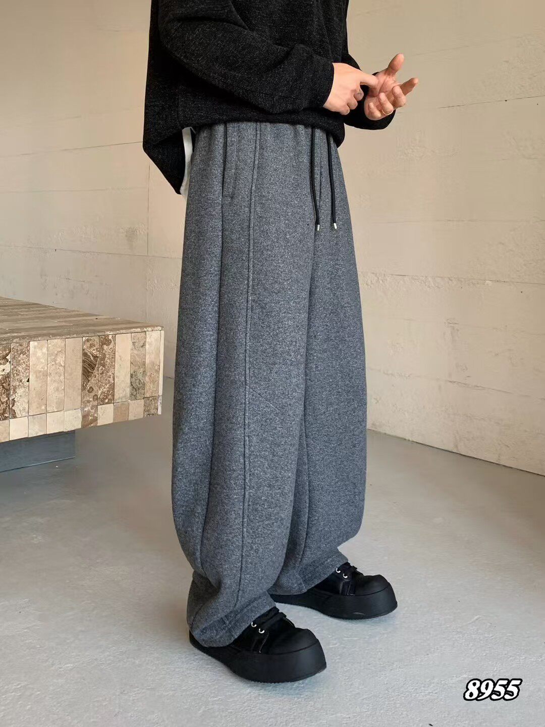 美式复古重工水洗做旧直筒加绒休闲裤男秋冬宽松垂感阔腿运动卫裤