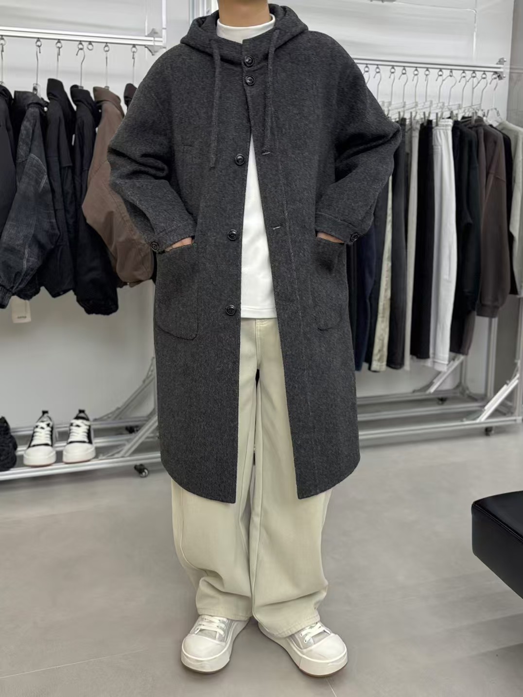 2025新款高级感连帽毛呢大衣男冬季长款宽松休闲双面呢子外套潮流