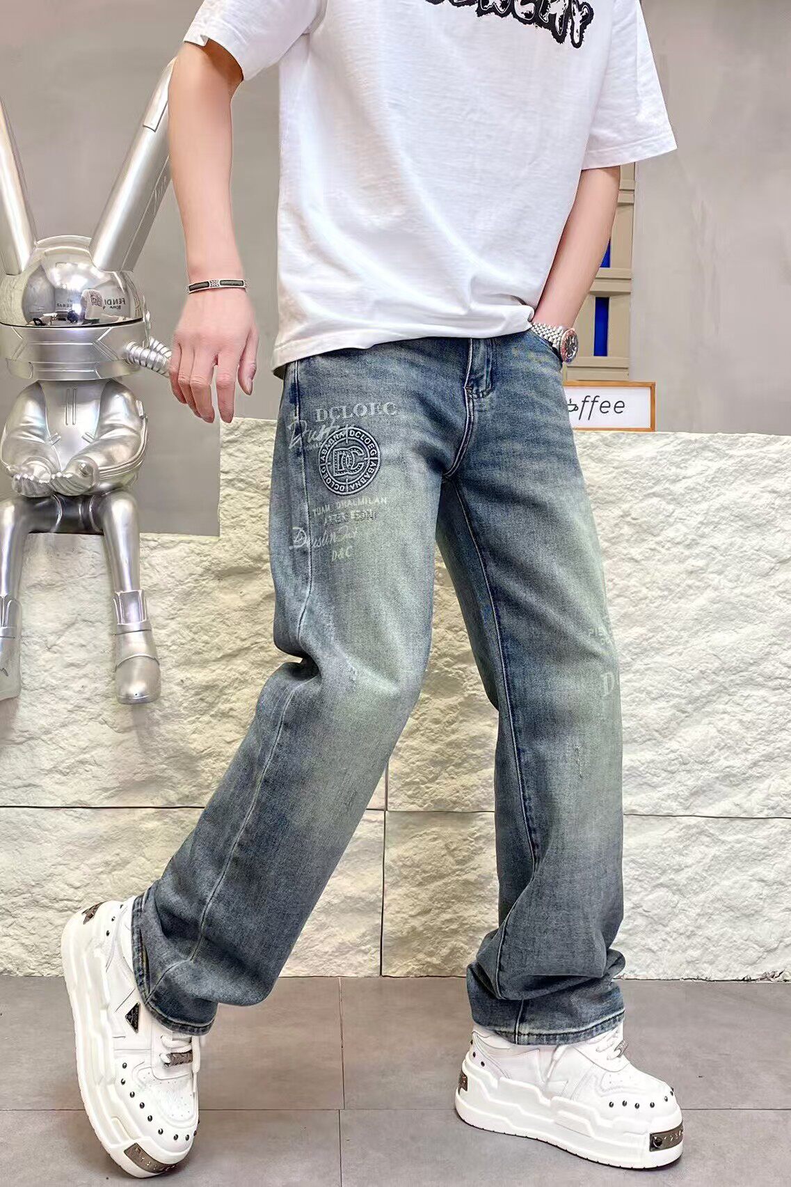 新品阔腿裤微直筒牛仔裤男春夏夏高街ins网红裤子烫钻印花长裤子
