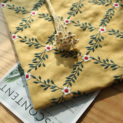 菱形梅子花绣花面料DIY布料现货可以散剪服装棉麻布料日韩风格