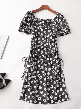 403973 夏长款一字领短袖印花连衣裙