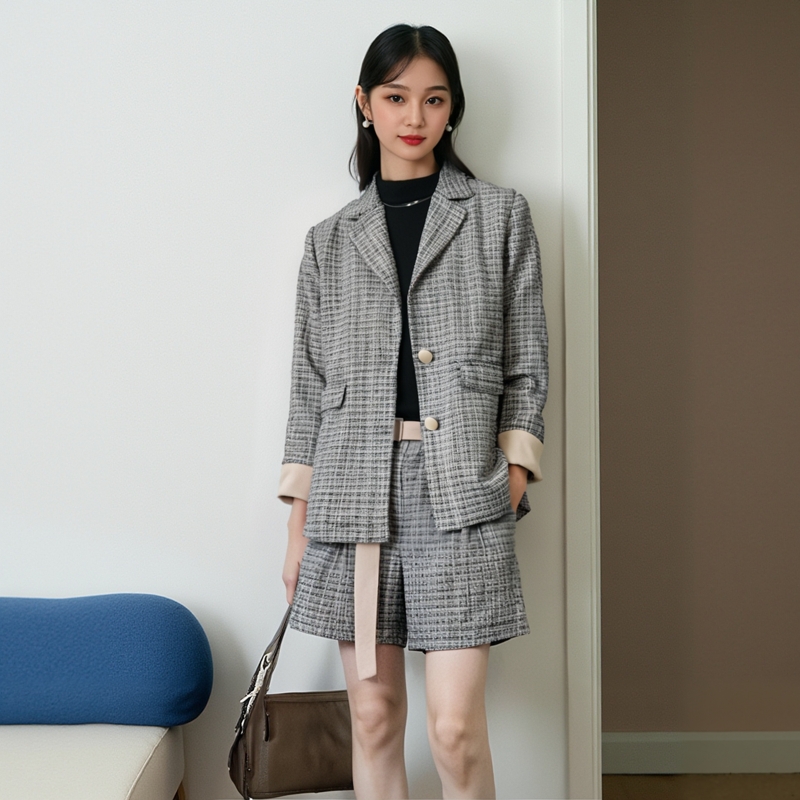 410547南油高端欧洲站高货轻奢女装洋气短款翻领长袖外套裤子套装