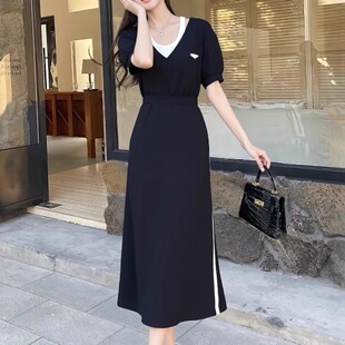 238709亏本清货南油高端轻奢欧洲站高档女装夏长款V领短袖连衣裙