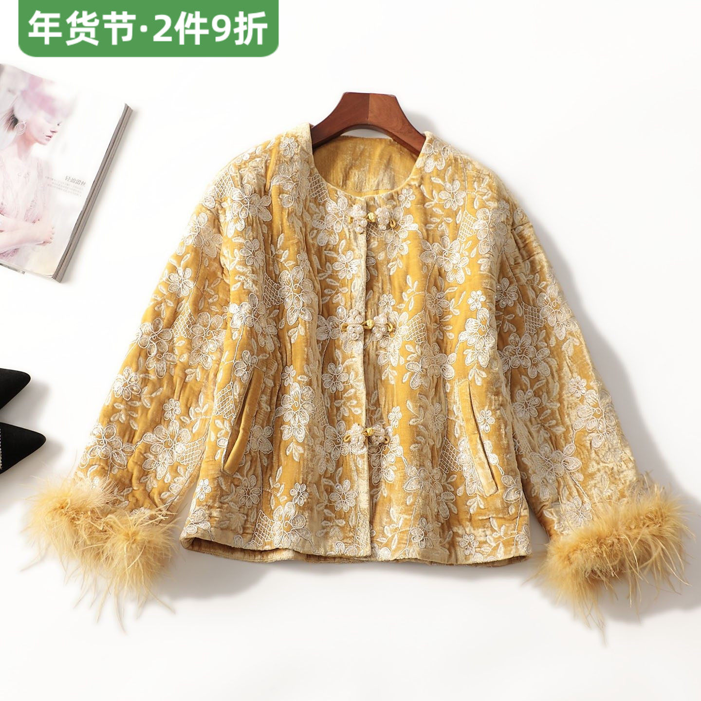 247426新款高档女装人丝丝绒重工刺绣驼鸟毛内丝棉棉衣国风外套,女装/女士精品,短外套,淘宝优惠券,粉丝福利购,淘宝优惠卷