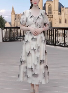 243196超值精品女装洋气女人味温柔风天丝夏加长款圆领短袖连衣裙