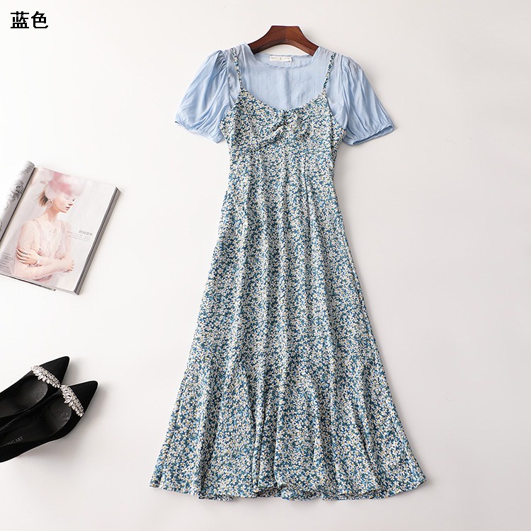 237876清仓超值女装精品夏季天丝上衣碎花吊带裙短袖2件套温柔风