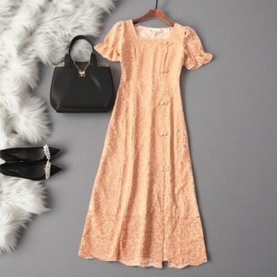 连衣裙 V领短袖 245384气质连衣裙大女主蕾丝新中式 国风优雅夏长款