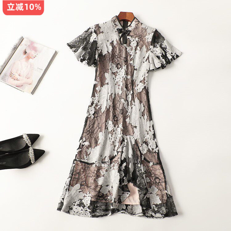 411197推荐南油高端轻奢重工系列走秀欧美夏长短袖蕾丝绣花连衣裙