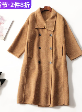 412720 冬加长款双排扣九分袖双面呢大衣