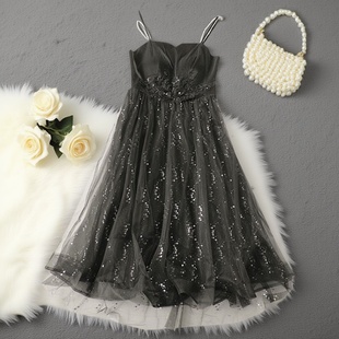 411210超值高档女装轻奢礼服夏季加长款V领钉珠亮片连衣裙黑公主