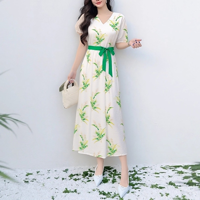 405323亏本清货南油高端女装品牌订单夏加长款V领短袖印花连衣裙