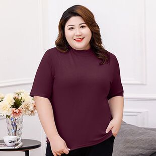 上衣中袖 胖mm200斤春秋半高领内搭显瘦黑色早秋季 T恤 女大码 打底衫
