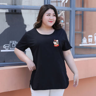 宽松纯棉 2021潮胖mm体恤200斤短袖 黑色t恤女加肥加大码 遮肚子女装